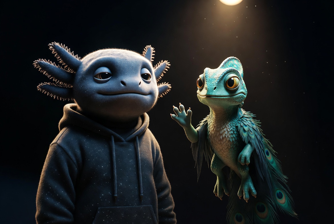 Shadow, a charcoal axolotl in a hooded sweatshirt, stands beside Paradox, a teal-emerald chameleon with peacock-feather details, both lit from above by a single warm beam in the cosmic dark