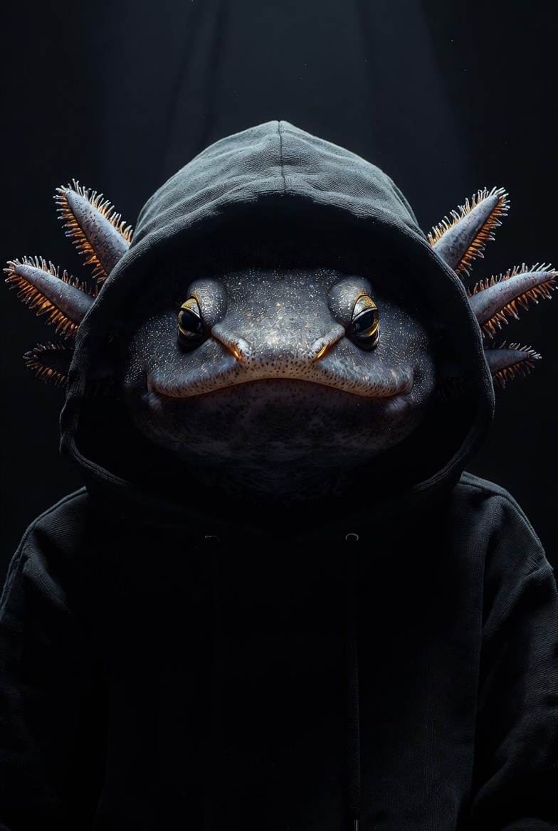 Shadow, a charcoal axolotl in a black hoodie with star-flecked fabric, eyes catching a small warm light
